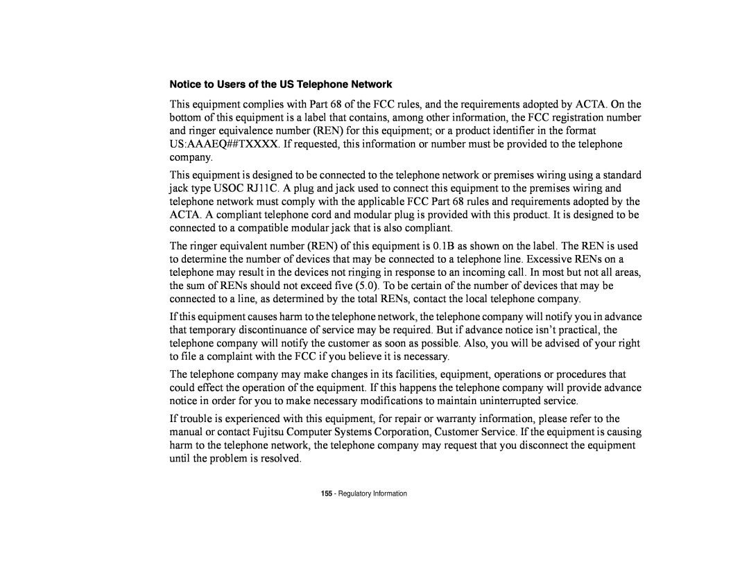 Fujitsu E8420 manual Notice to Users of the US Telephone Network, Regulatory Information 
