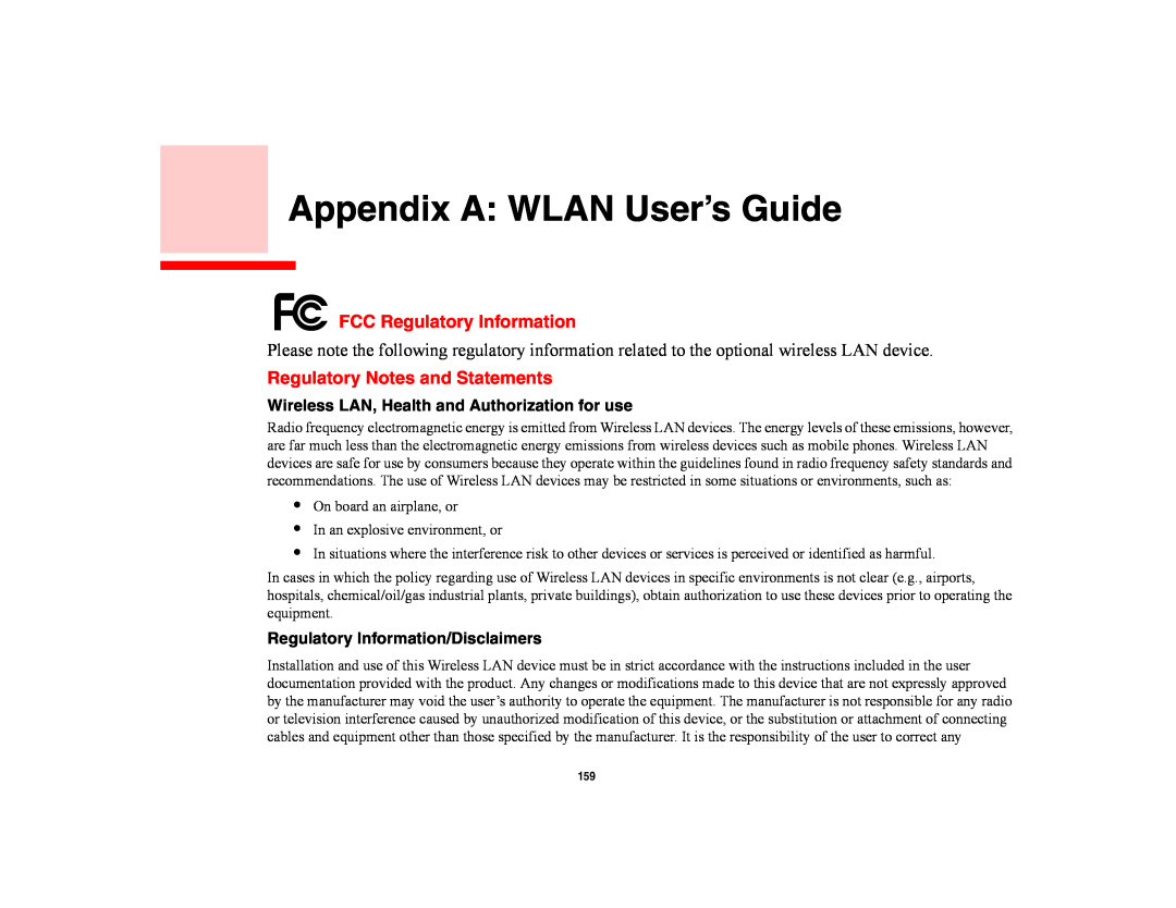 Fujitsu E8420 manual Appendix A WLAN User’s Guide, FCC Regulatory Information, Regulatory Notes and Statements 