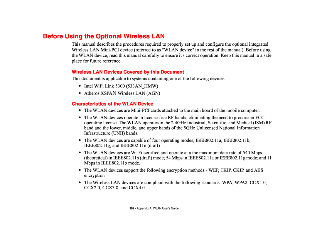 Fujitsu E8420 manual Before Using the Optional Wireless LAN, Wireless LAN Devices Covered by this Document 
