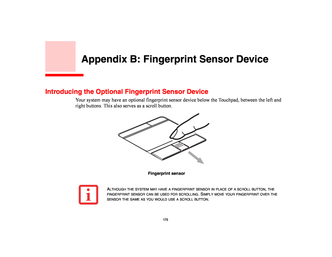 Fujitsu E8420 manual Appendix B Fingerprint Sensor Device, Introducing the Optional Fingerprint Sensor Device 