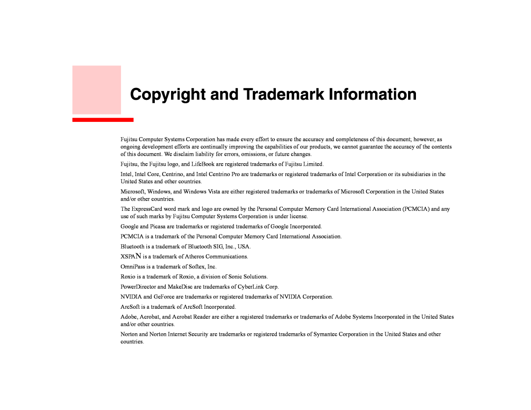 Fujitsu E8420 manual Copyright and Trademark Information 