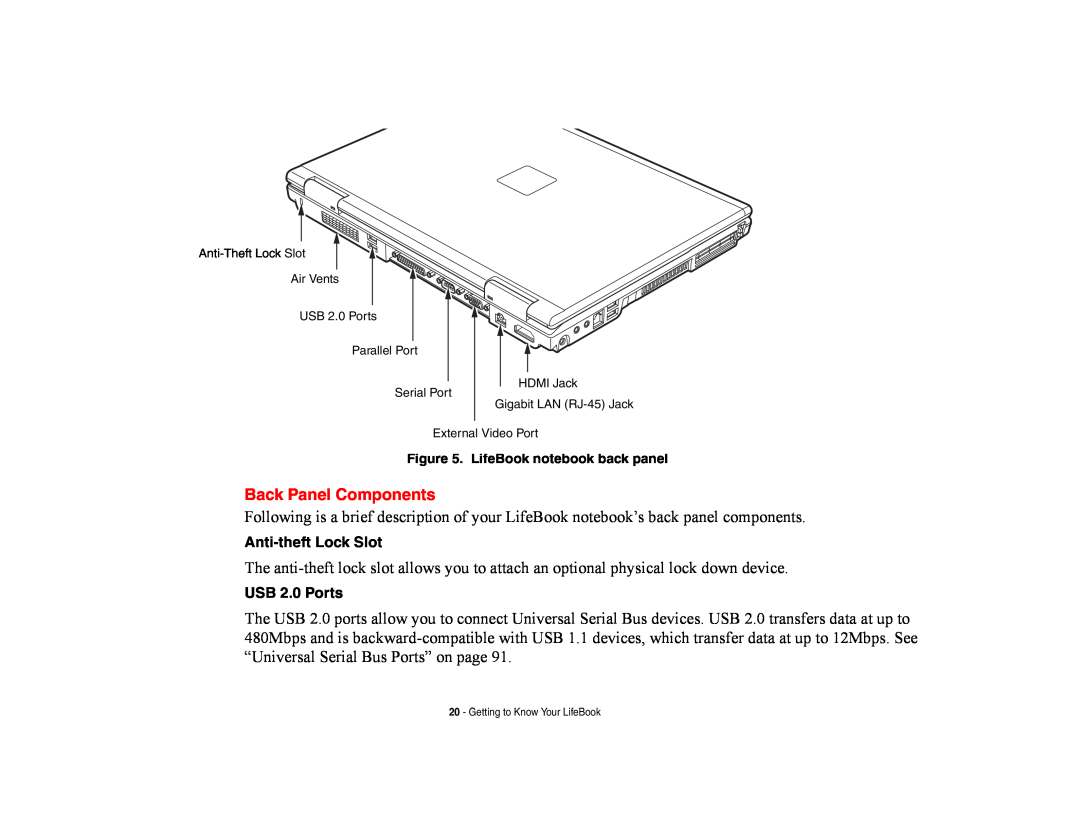Fujitsu E8420 manual Back Panel Components, LifeBook notebook back panel 