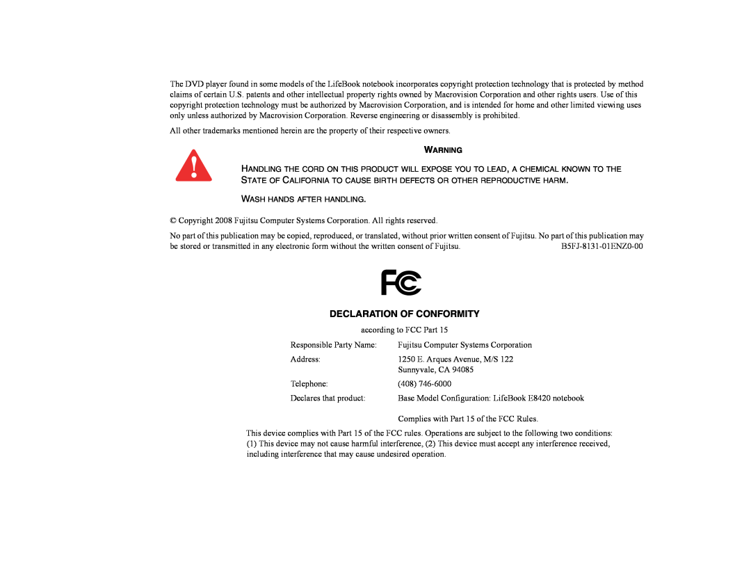 Fujitsu E8420 manual Declaration Of Conformity 