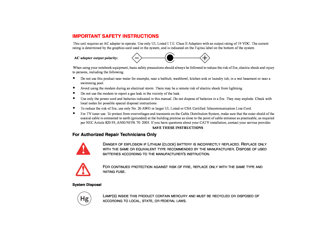 Fujitsu E8420 manual Important Safety Instructions, For Authorized Repair Technicians Only, AC adapter output polarity 