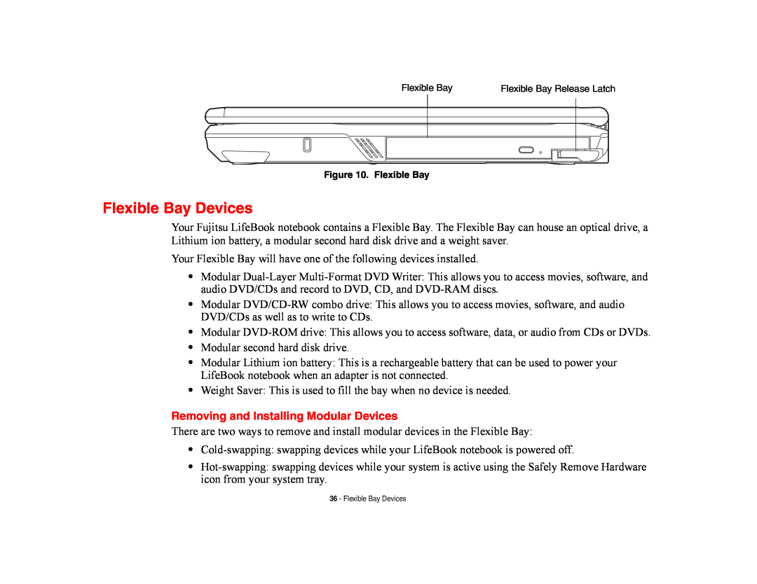 Fujitsu E8420 manual Flexible Bay Devices, Removing and Installing Modular Devices 