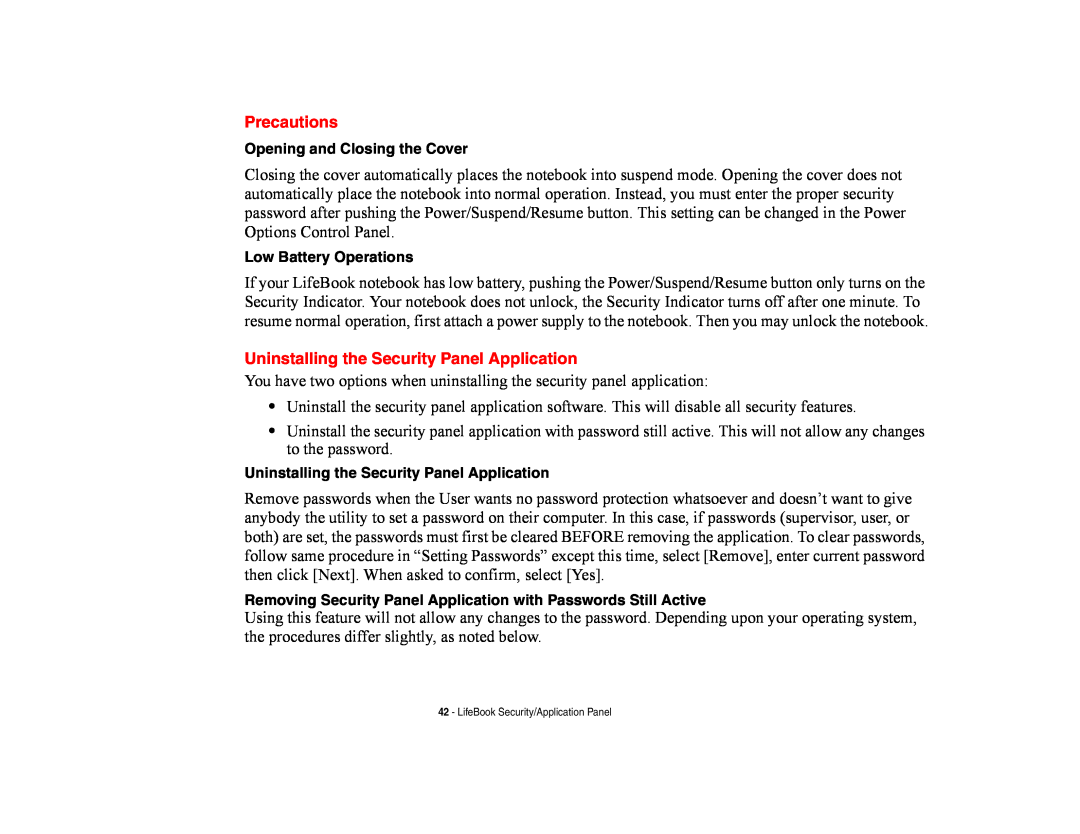 Fujitsu E8420 manual Precautions, Uninstalling the Security Panel Application 