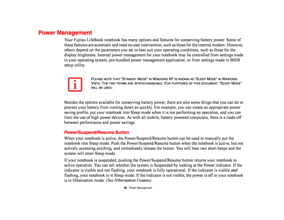 Fujitsu E8420 manual Power Management, Power/Suspend/Resume Button 