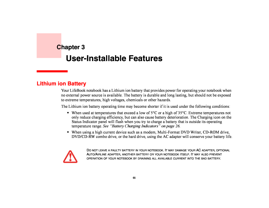 Fujitsu E8420 manual User-Installable Features, Lithium ion Battery, Chapter 