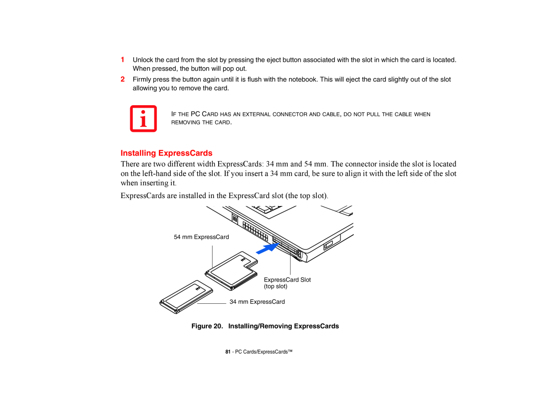 Fujitsu E8420 manual Installing ExpressCards 