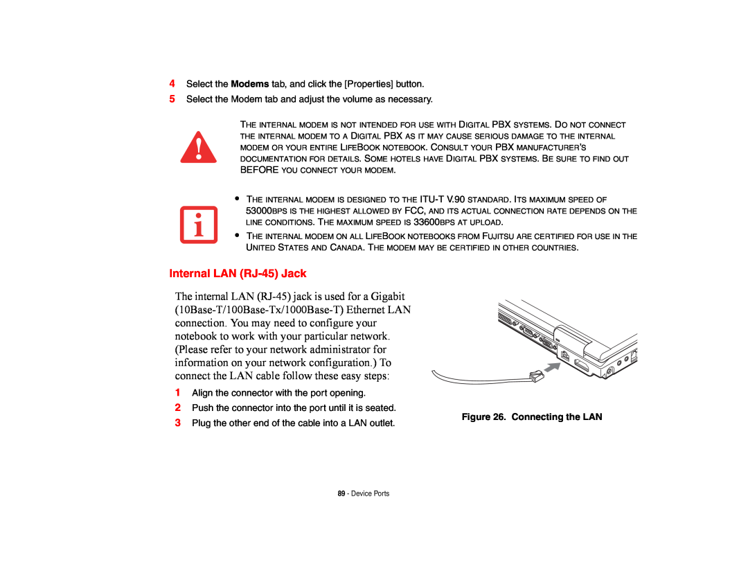 Fujitsu E8420 manual Internal LAN RJ-45 Jack, Connecting the LAN 