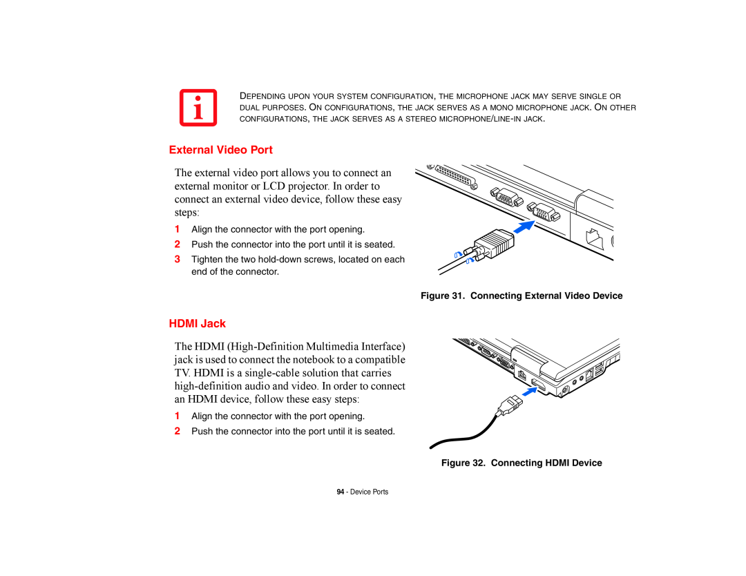 Fujitsu E8420 manual External Video Port, HDMI Jack, Connecting External Video Device, Connecting HDMI Device 