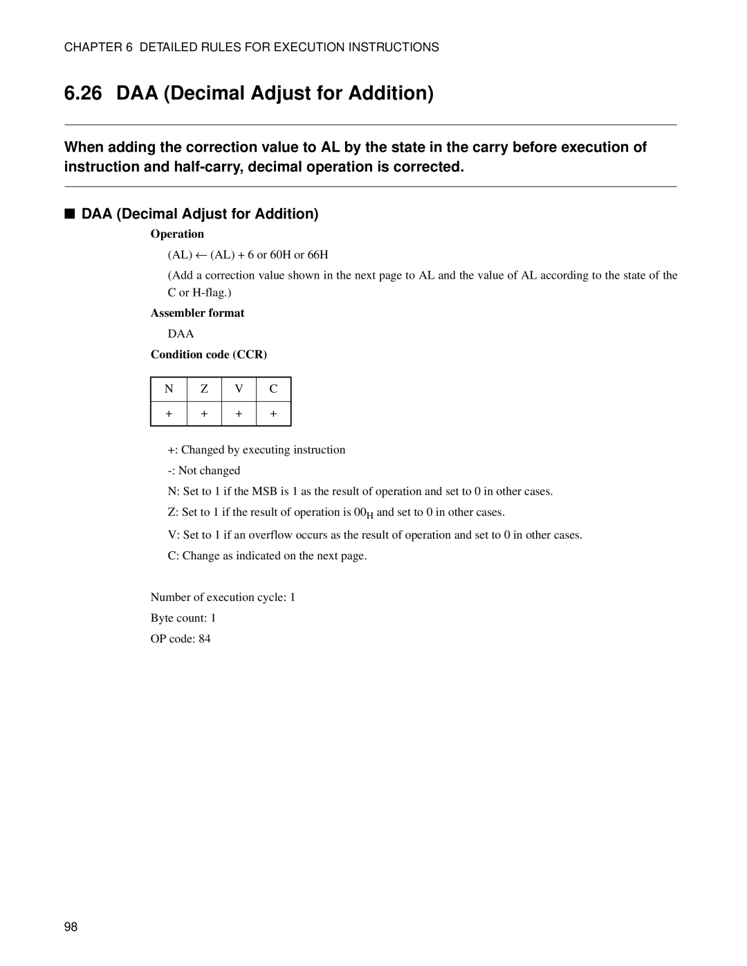 Fujitsu F2MC-8FX manual DAA Decimal Adjust for Addition 