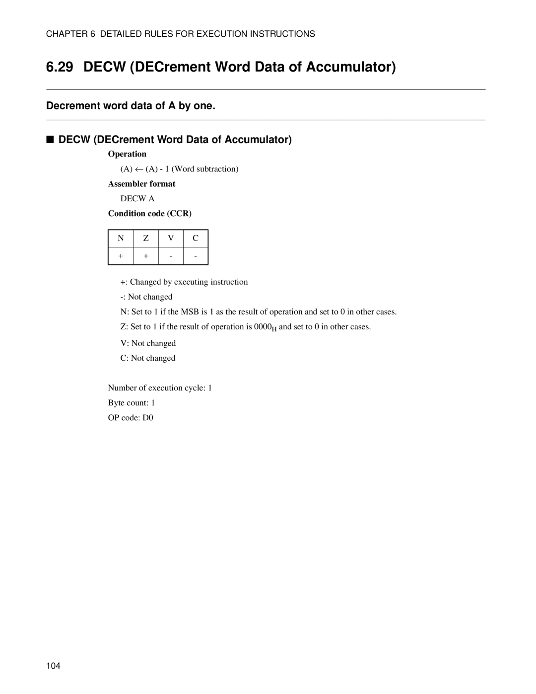 Fujitsu F2MC-8FX manual Decw DECrement Word Data of Accumulator 