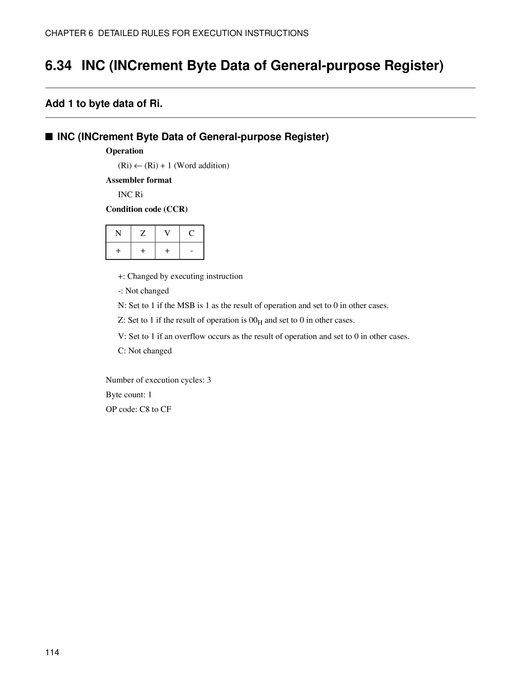 Fujitsu F2MC-8FX manual INC INCrement Byte Data of General-purpose Register 