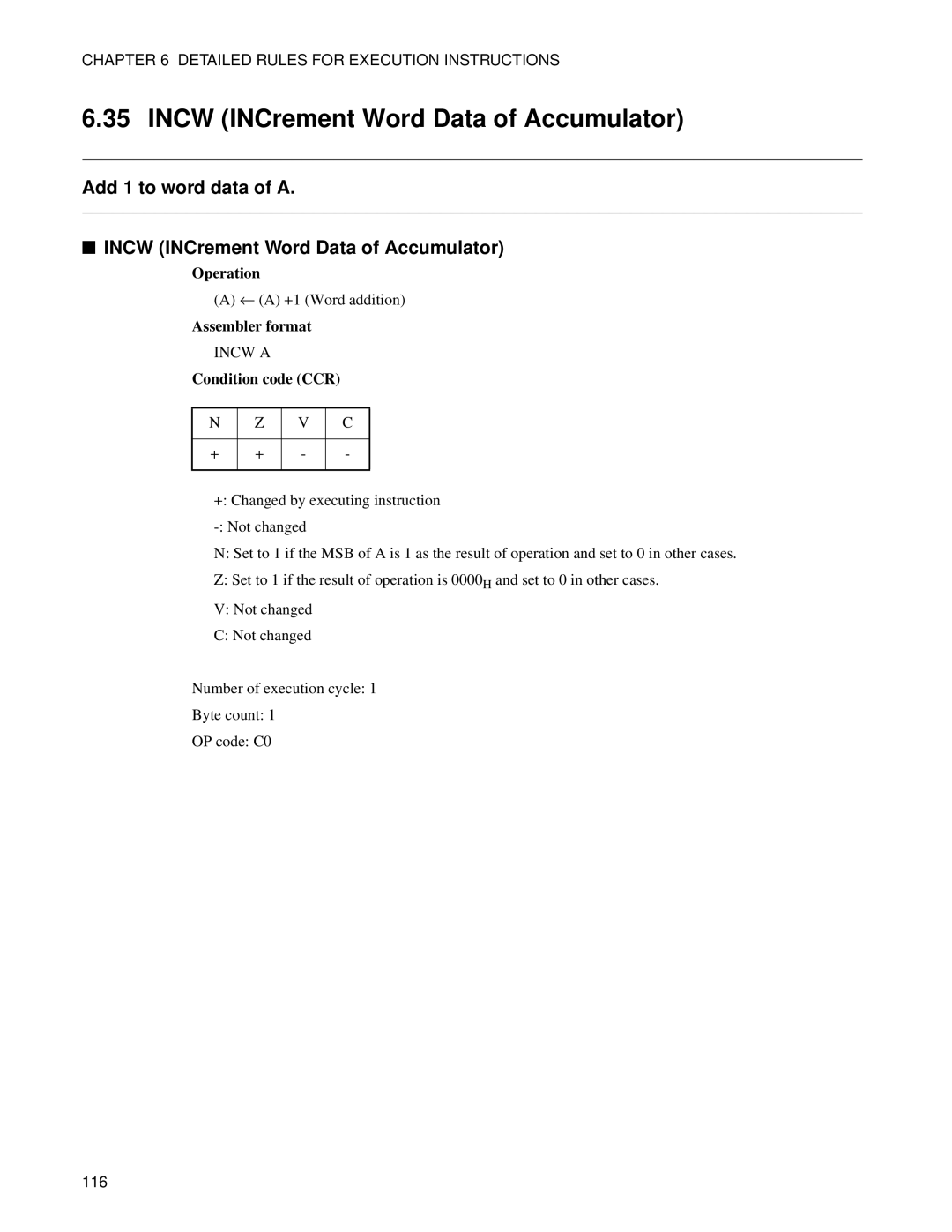 Fujitsu F2MC-8FX manual Incw INCrement Word Data of Accumulator 