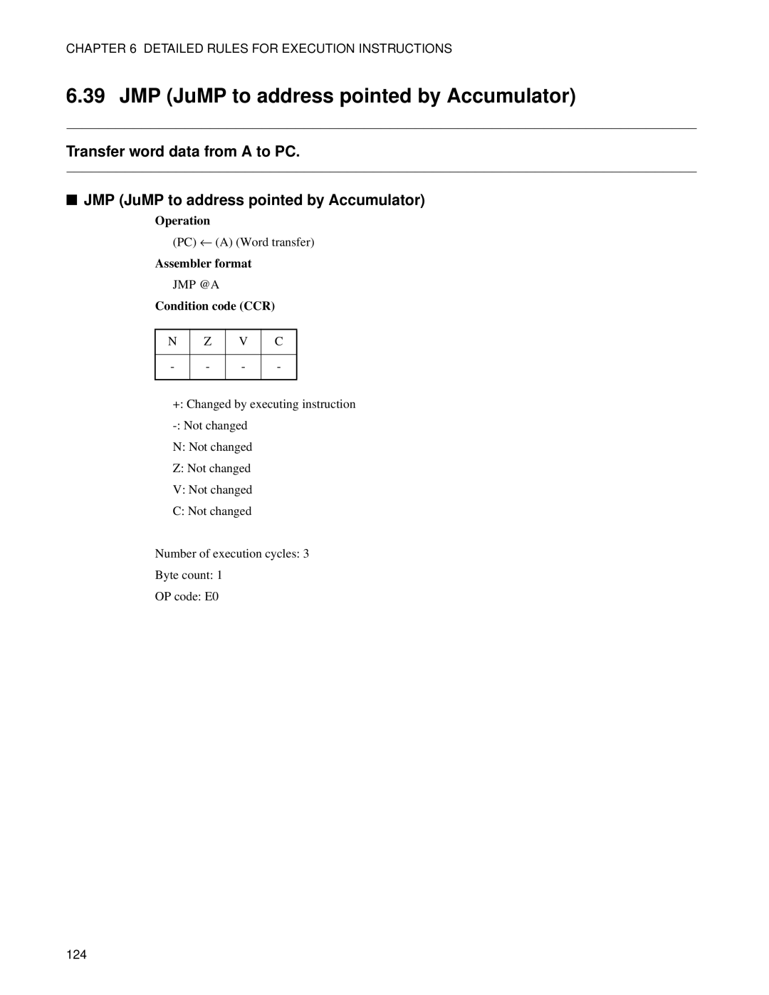 Fujitsu F2MC-8FX manual JMP JuMP to address pointed by Accumulator 