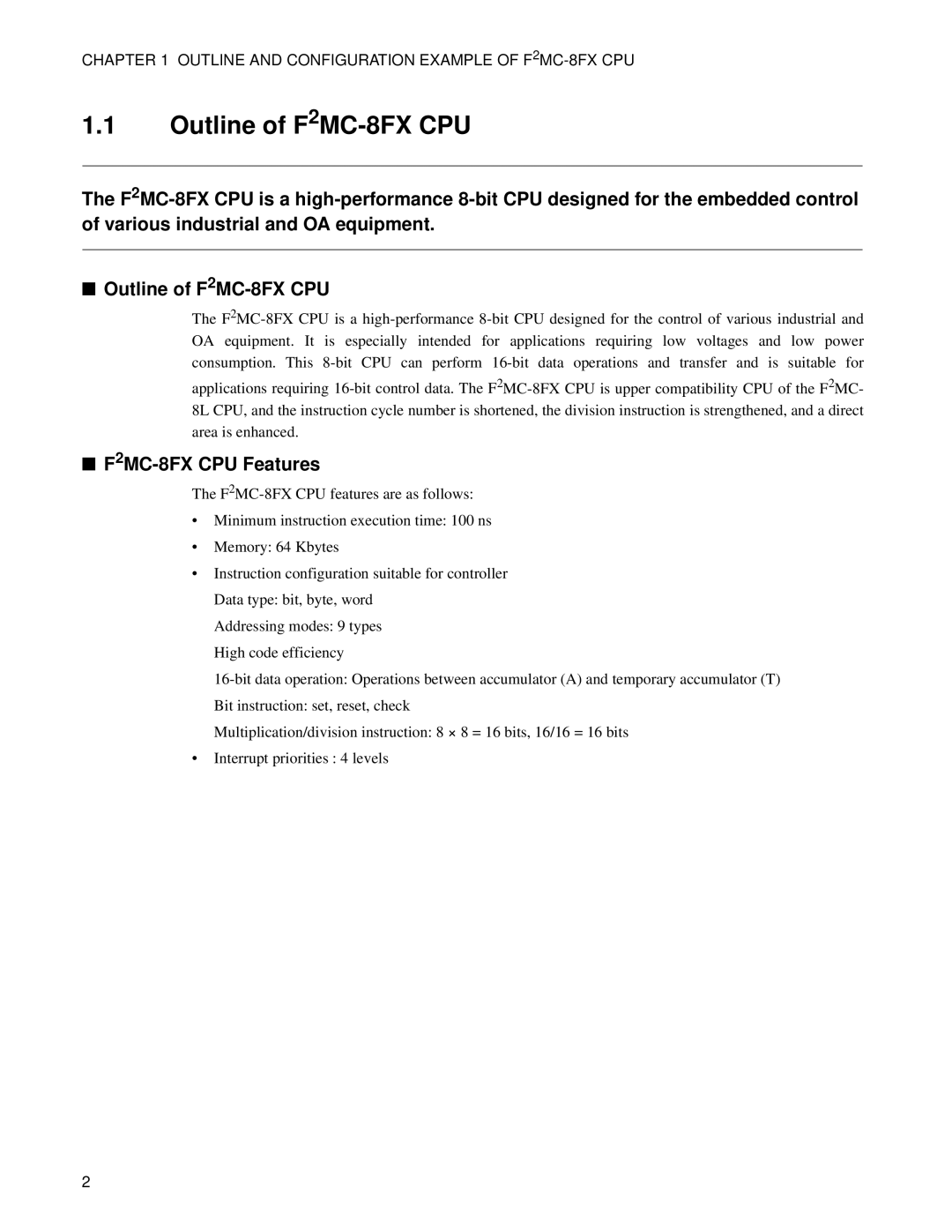 Fujitsu manual Outline of F2MC-8FX CPU, F2MC-8FX CPU Features 