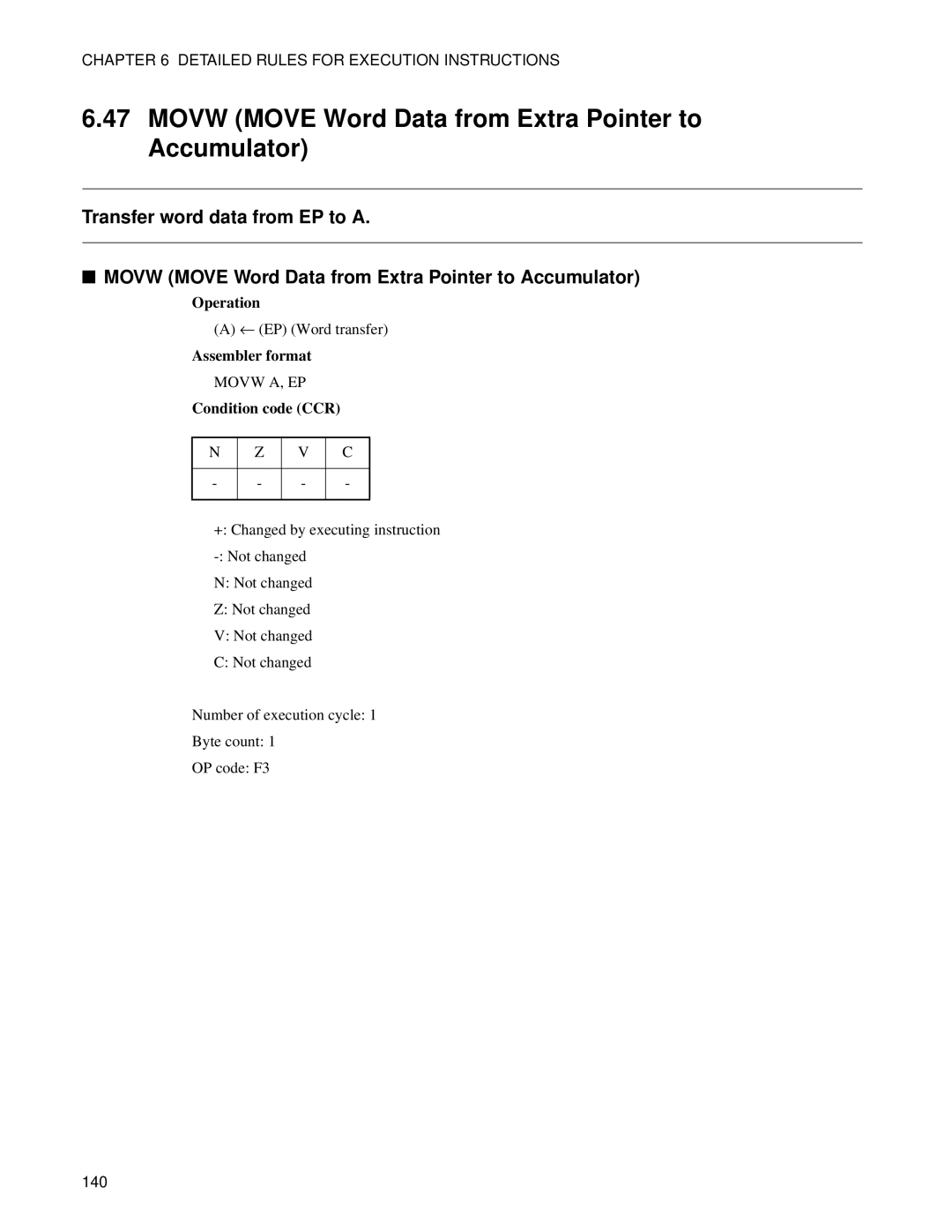 Fujitsu F2MC-8FX manual Movw Move Word Data from Extra Pointer to Accumulator 