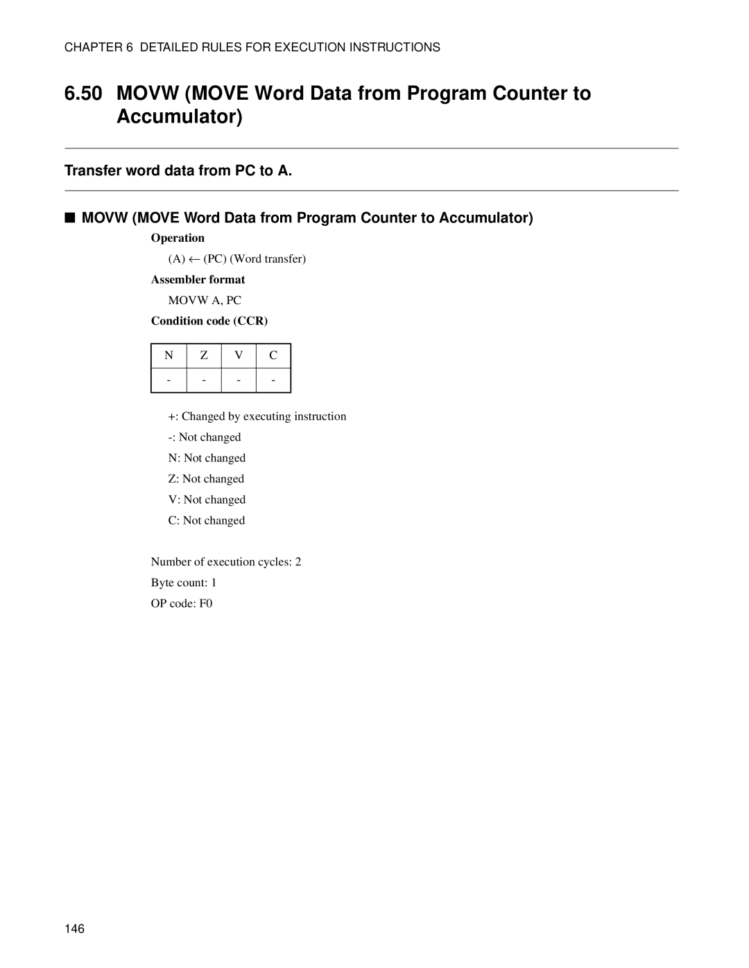 Fujitsu F2MC-8FX manual Movw Move Word Data from Program Counter to Accumulator 