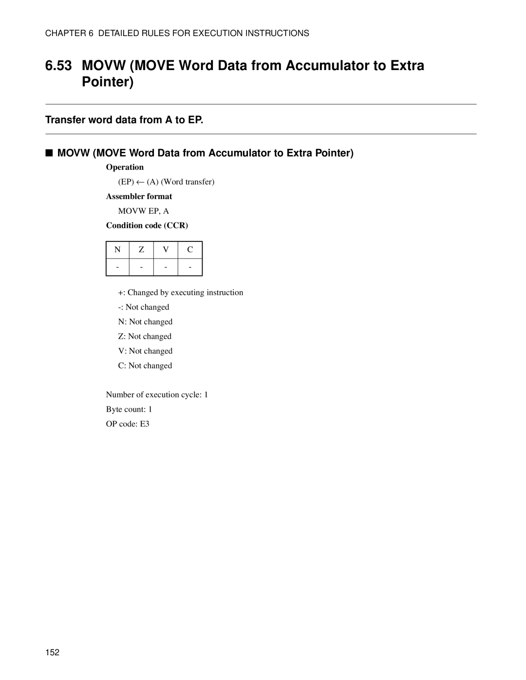 Fujitsu F2MC-8FX manual Movw Move Word Data from Accumulator to Extra Pointer 