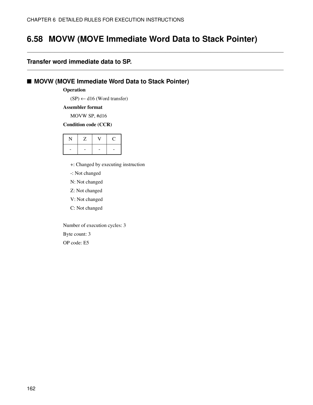 Fujitsu F2MC-8FX manual Movw Move Immediate Word Data to Stack Pointer 