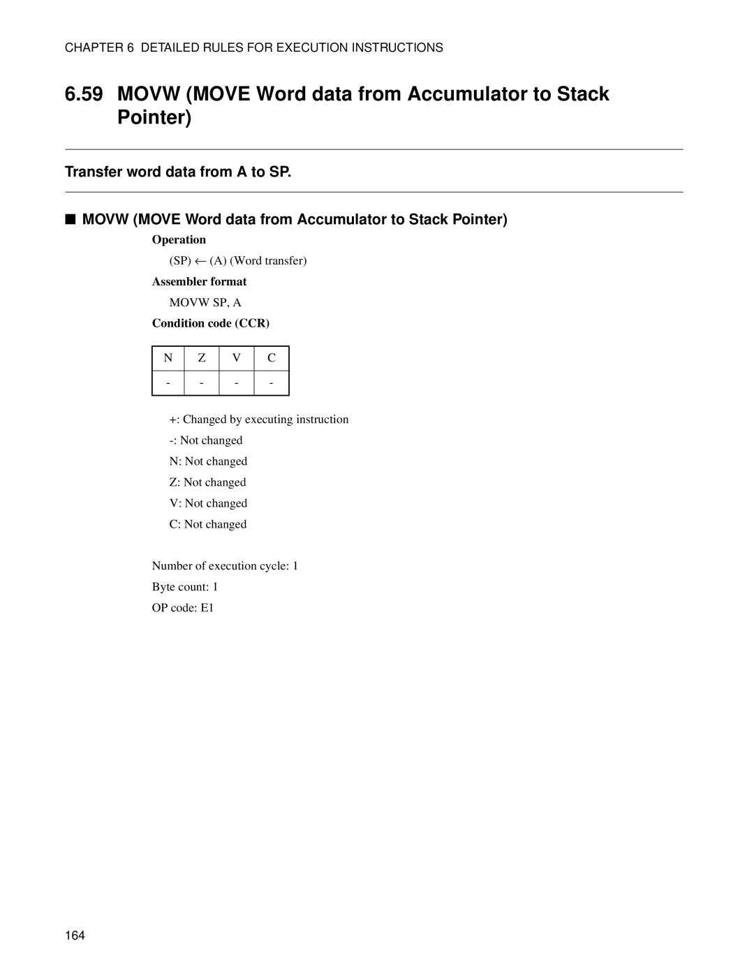 Fujitsu F2MC-8FX manual Movw Move Word data from Accumulator to Stack Pointer 