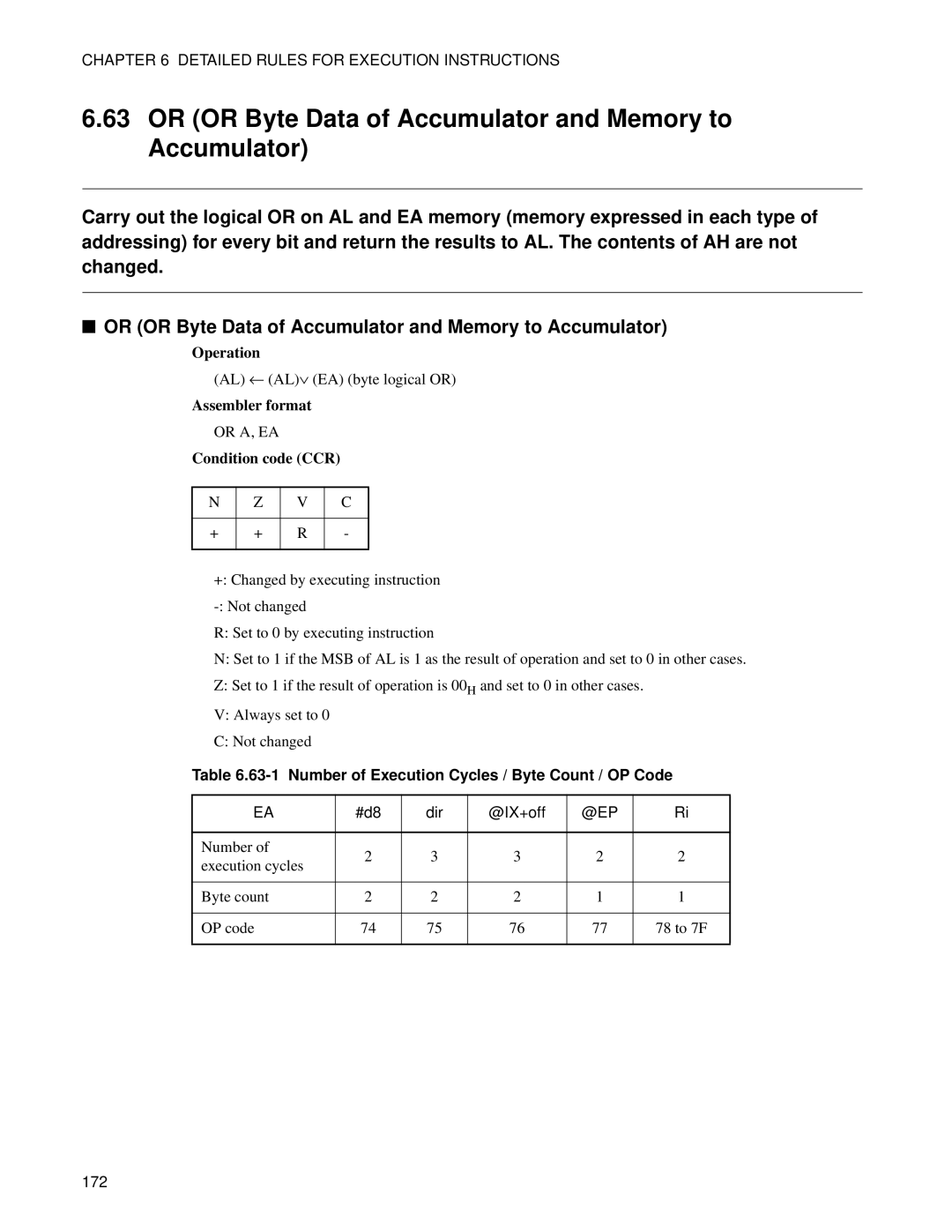 Fujitsu F2MC-8FX manual Or or Byte Data of Accumulator and Memory to Accumulator 