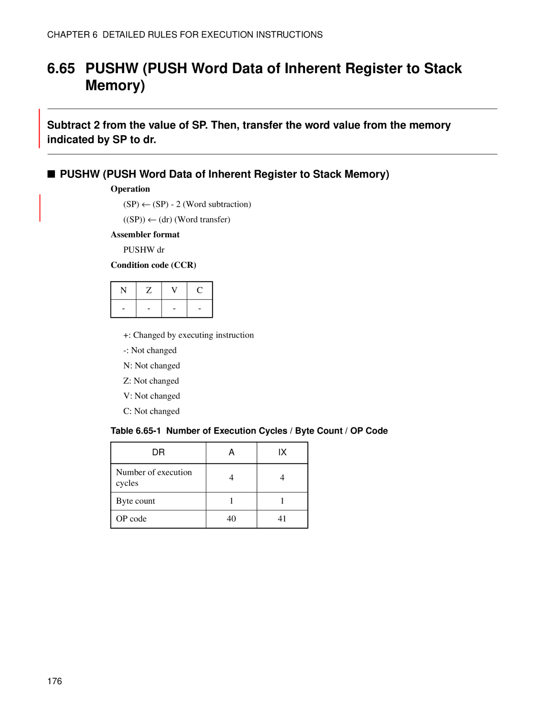 Fujitsu F2MC-8FX manual Pushw Push Word Data of Inherent Register to Stack Memory 