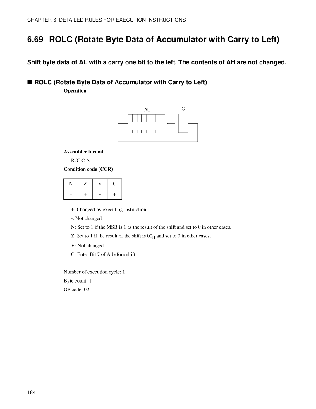 Fujitsu F2MC-8FX manual Rolc Rotate Byte Data of Accumulator with Carry to Left 