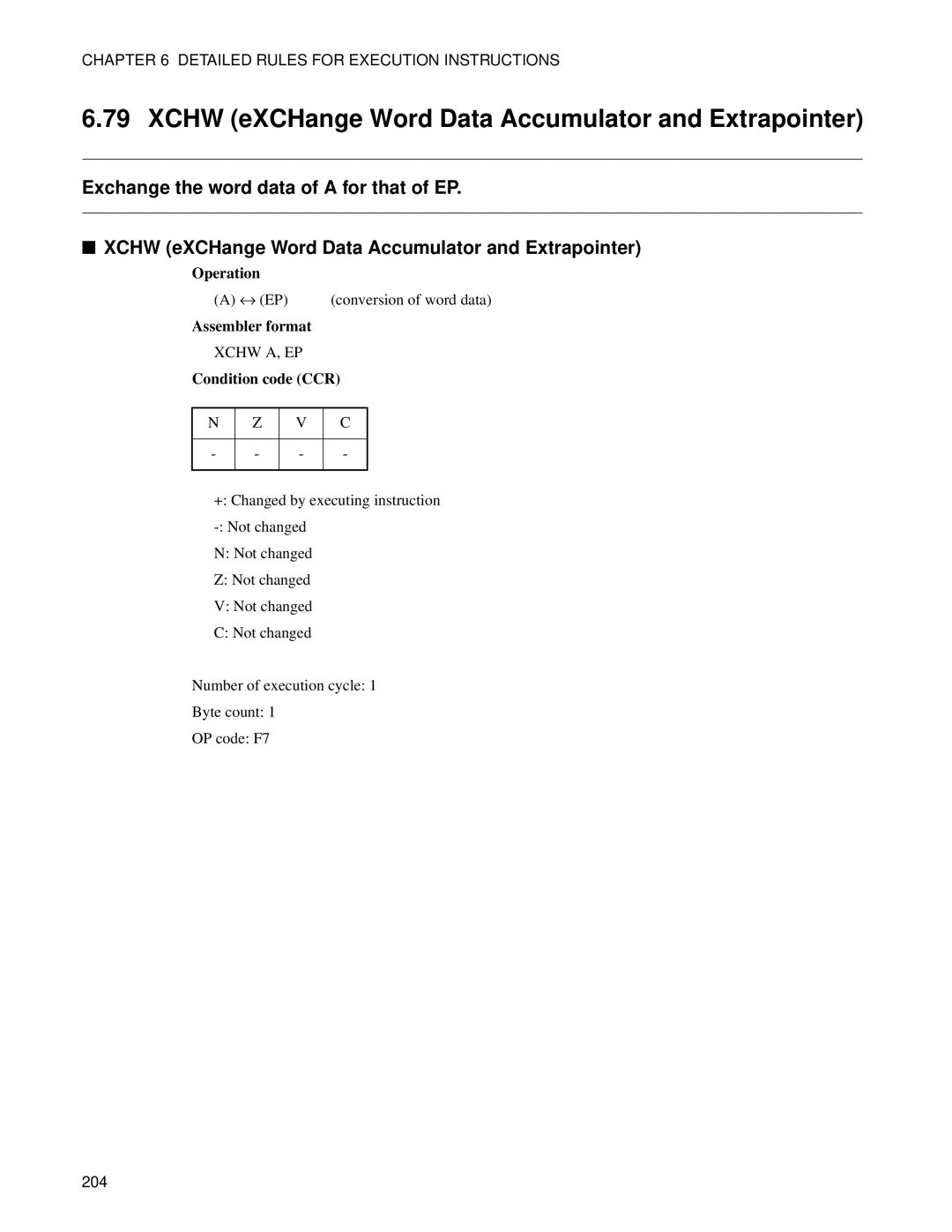 Fujitsu F2MC-8FX manual Xchw eXCHange Word Data Accumulator and Extrapointer 