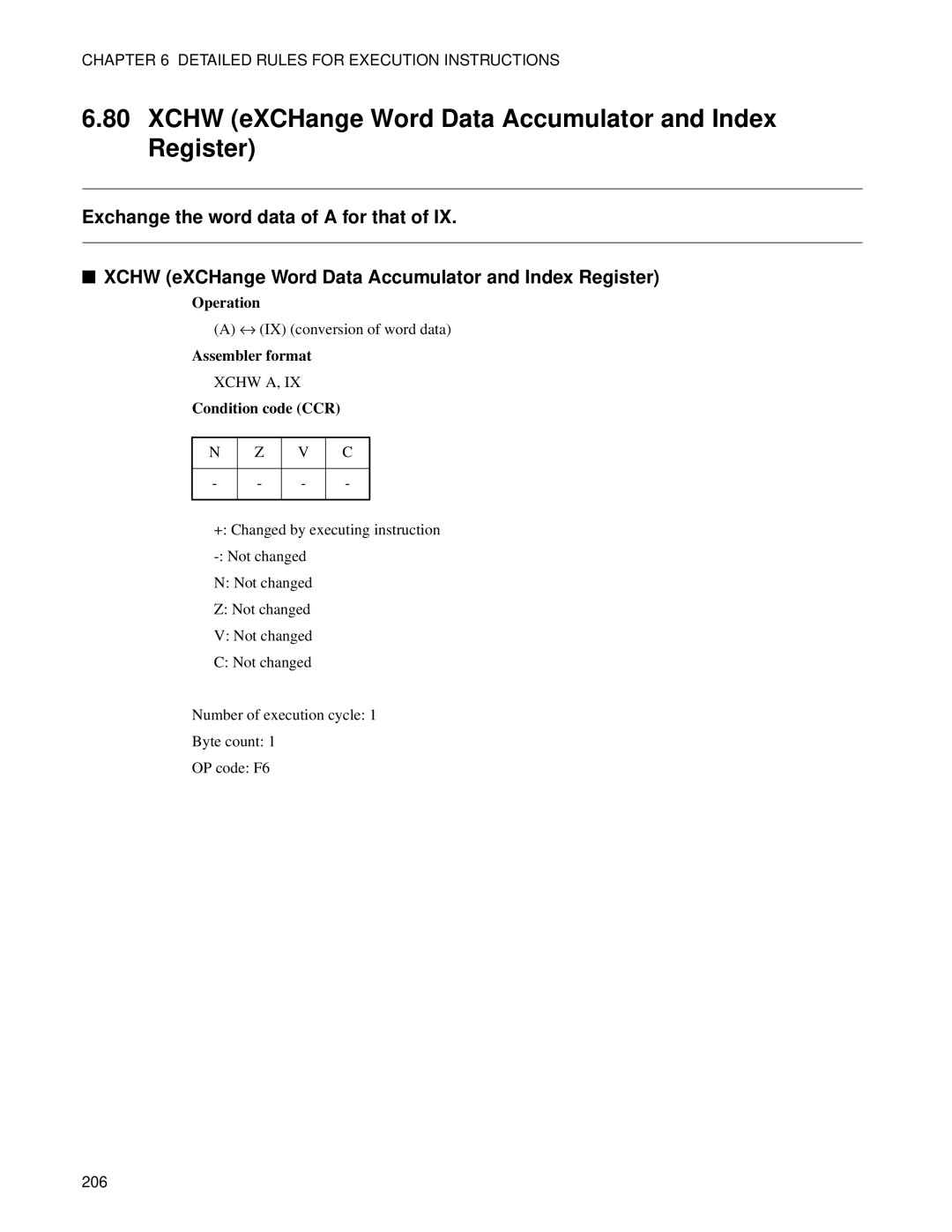 Fujitsu F2MC-8FX manual Xchw eXCHange Word Data Accumulator and Index Register 