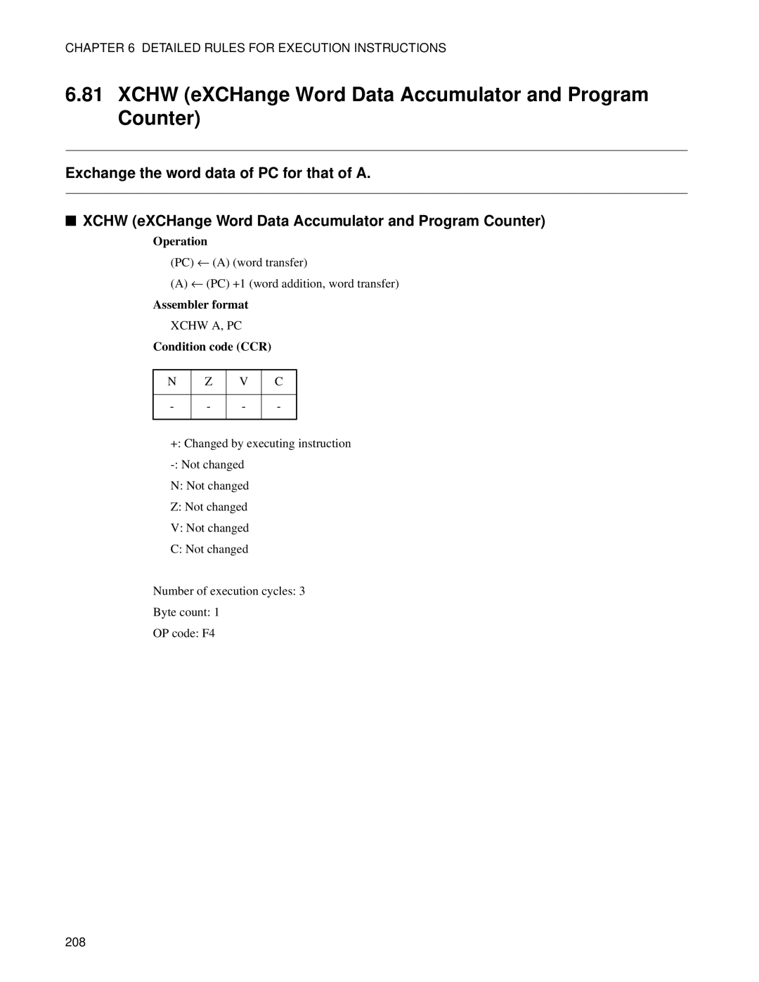 Fujitsu F2MC-8FX manual Xchw eXCHange Word Data Accumulator and Program Counter 