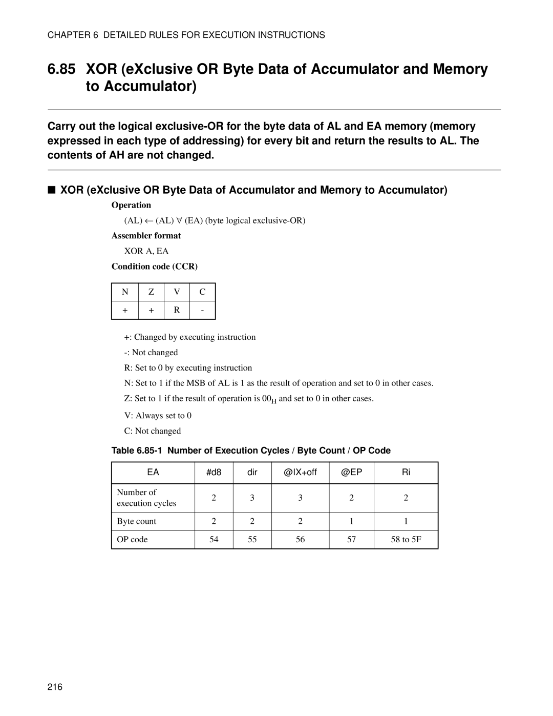 Fujitsu F2MC-8FX manual Number of Execution Cycles / Byte Count / OP Code 