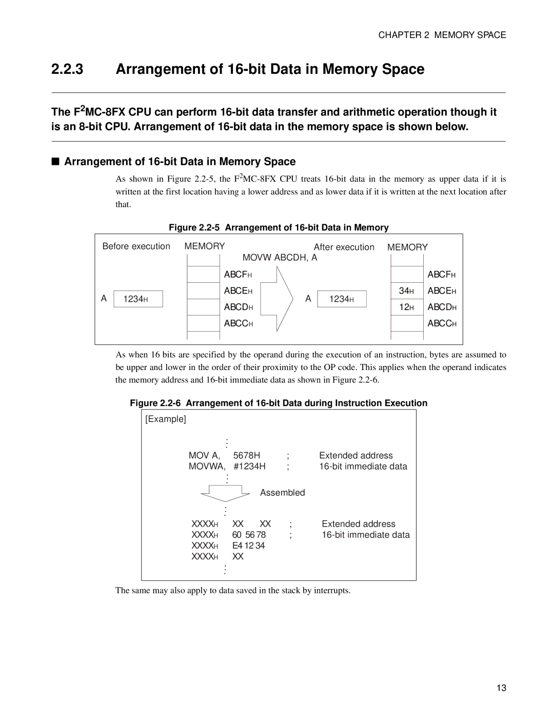 Fujitsu F2MC-8FX manual Arrangement of 16-bit Data in Memory Space 