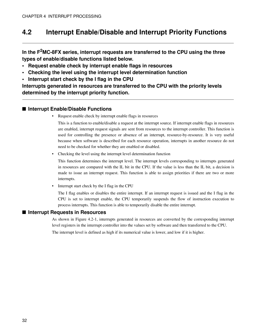 Fujitsu F2MC-8FX manual Interrupt Enable/Disable and Interrupt Priority Functions, Interrupt Requests in Resources 