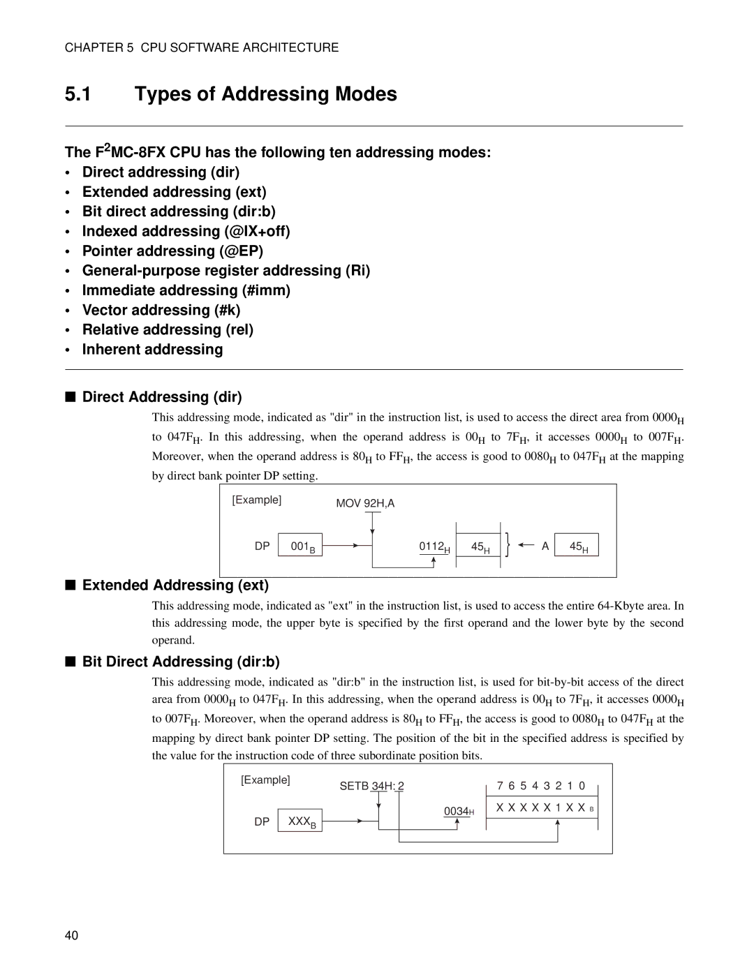 Fujitsu F2MC-8FX manual Types of Addressing Modes, Extended Addressing ext 