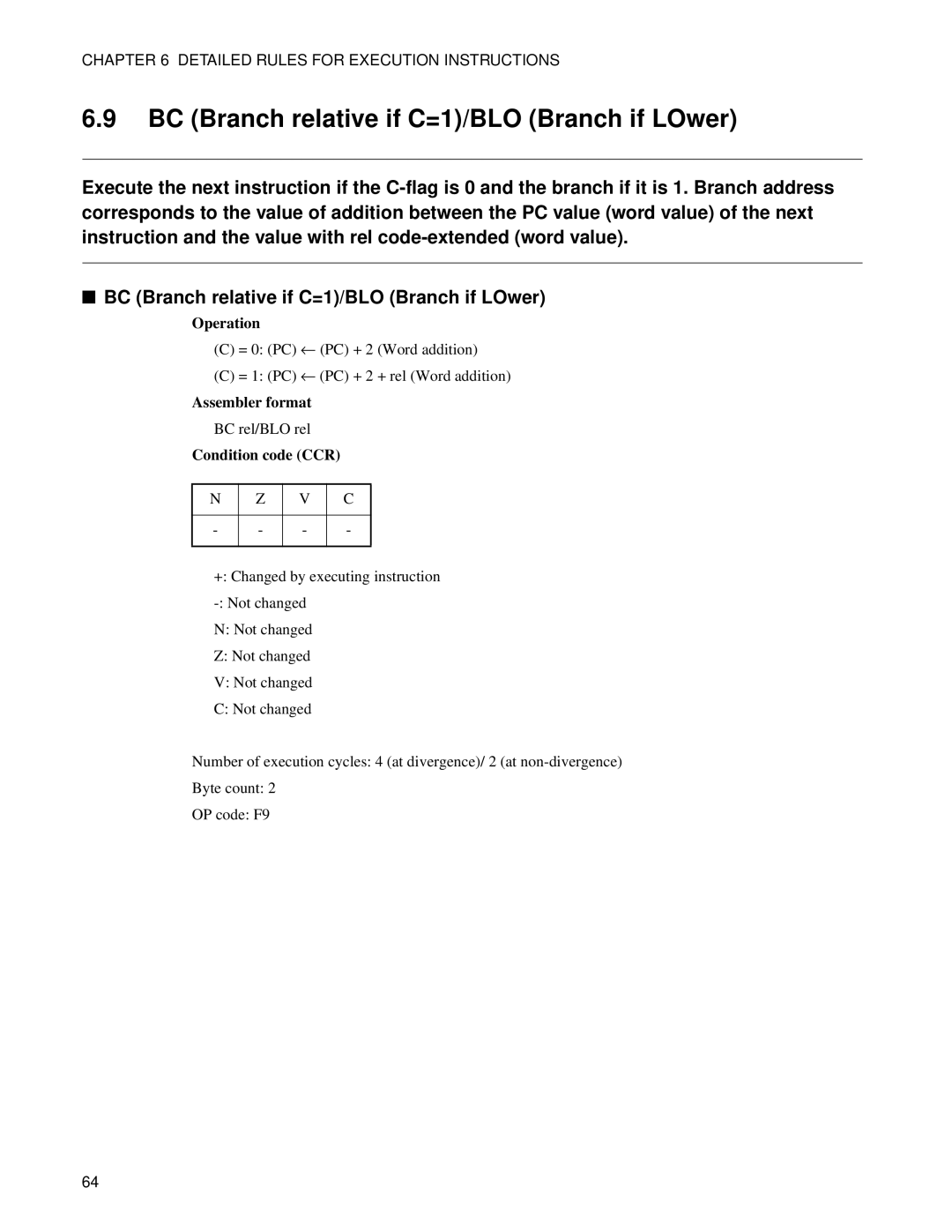 Fujitsu F2MC-8FX manual BC Branch relative if C=1/BLO Branch if LOwer 