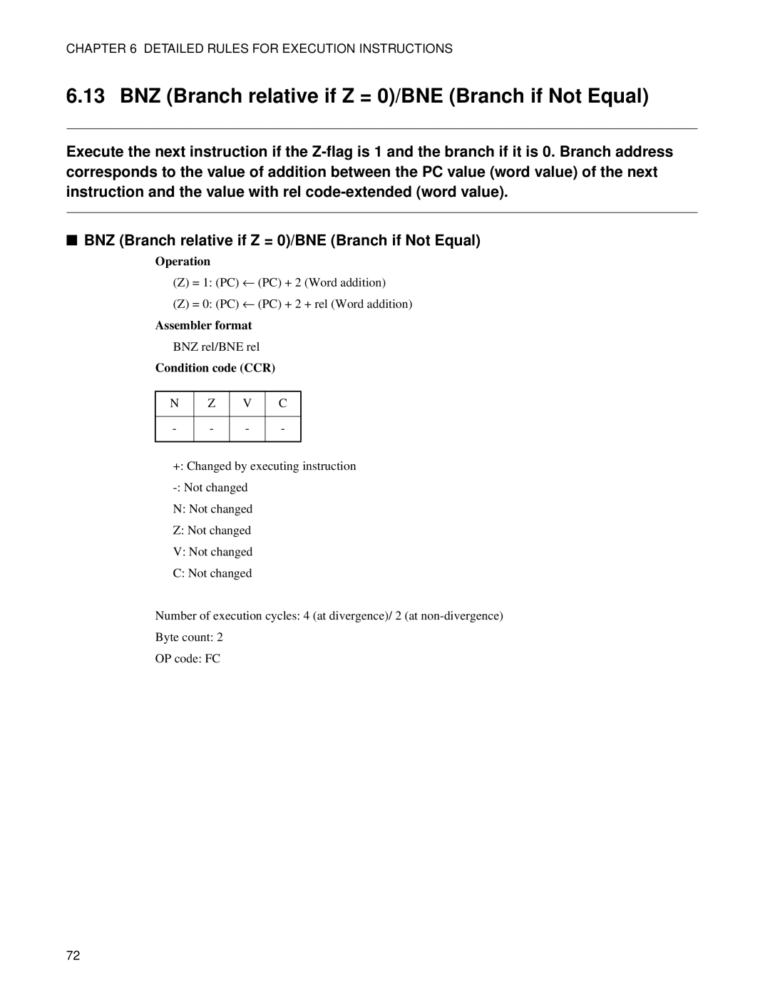 Fujitsu F2MC-8FX manual BNZ Branch relative if Z = 0/BNE Branch if Not Equal 