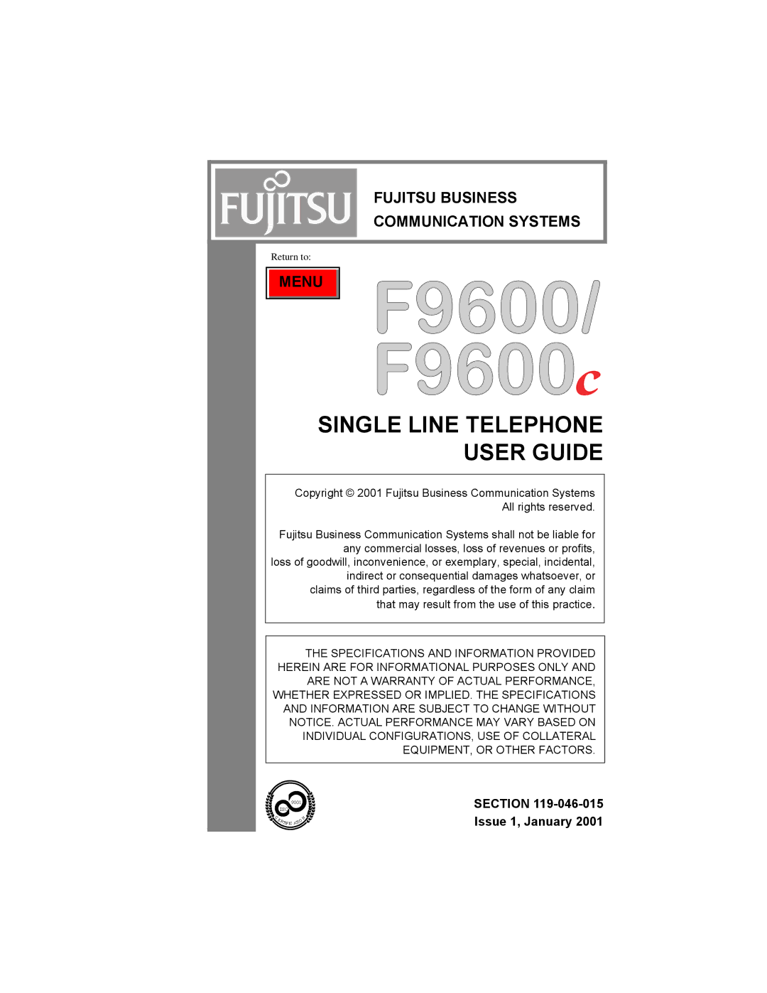 Fujitsu F9600 F9600c manual Fujitsu Business Communication Systems, Menu, Issue 1, January 