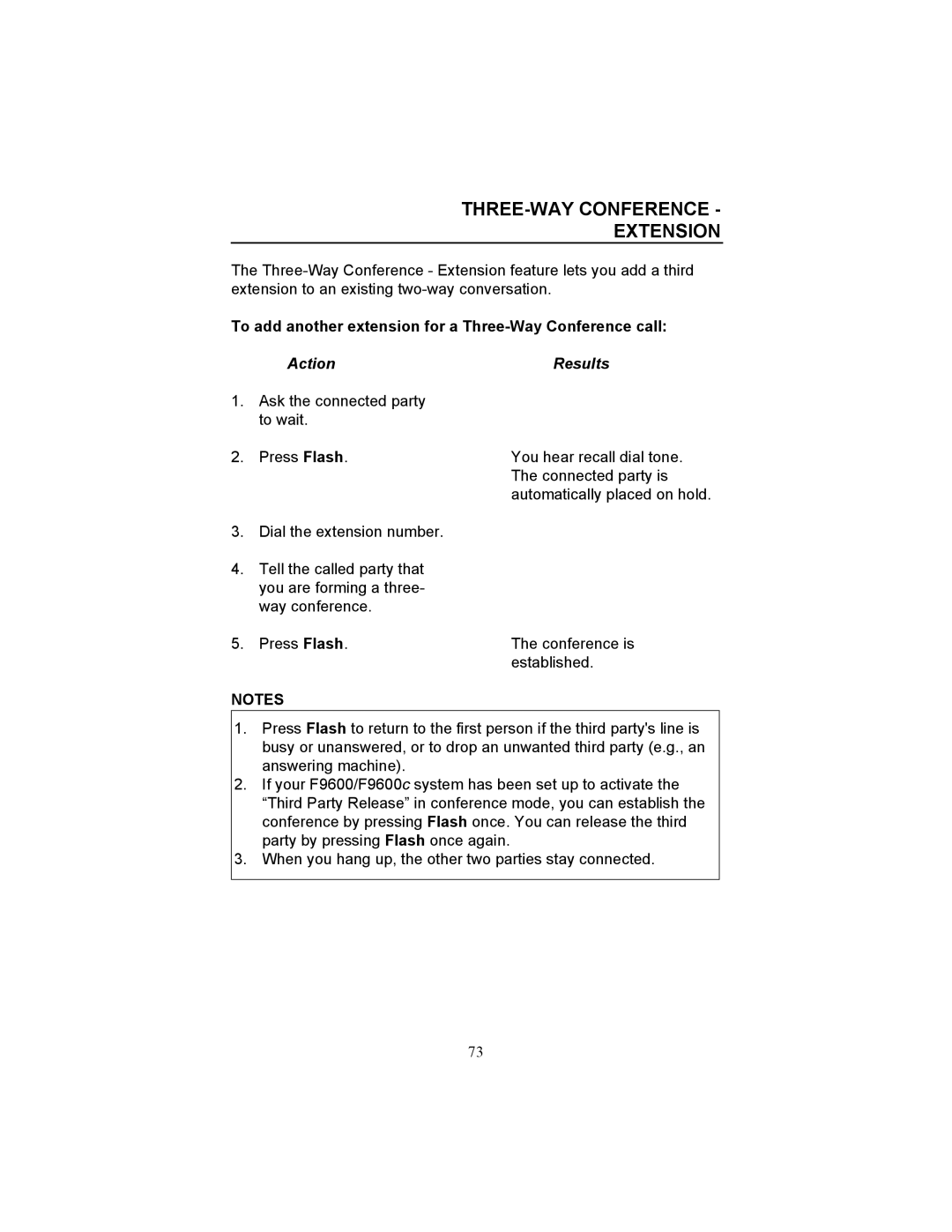 Fujitsu F9600 F9600c manual THREE-WAY Conference Extension, To add another extension for a Three-Way Conference call 