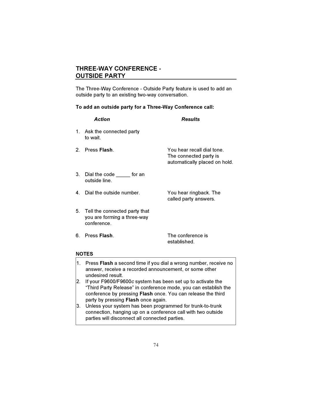 Fujitsu F9600 F9600c manual THREE-WAY Conference Outside Party, To add an outside party for a Three-Way Conference call 