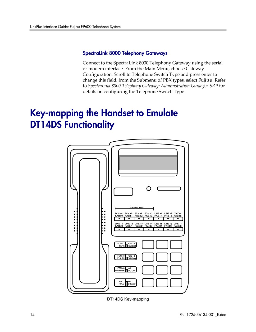 Fujitsu F9600 manual Key-mapping the Handset to Emulate DT14DS Functionality, SpectraLink 8000 Telephony Gateways 