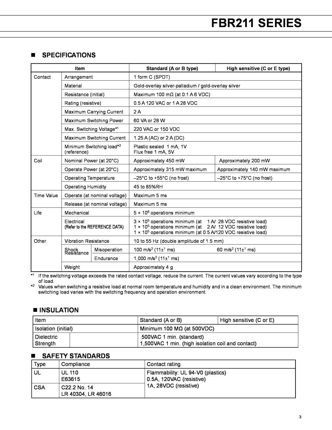 Fujitsu manual nSPECIFICATIONS, nINSULATION, nSAFETY STANDARDS, FBR211 SERIES 