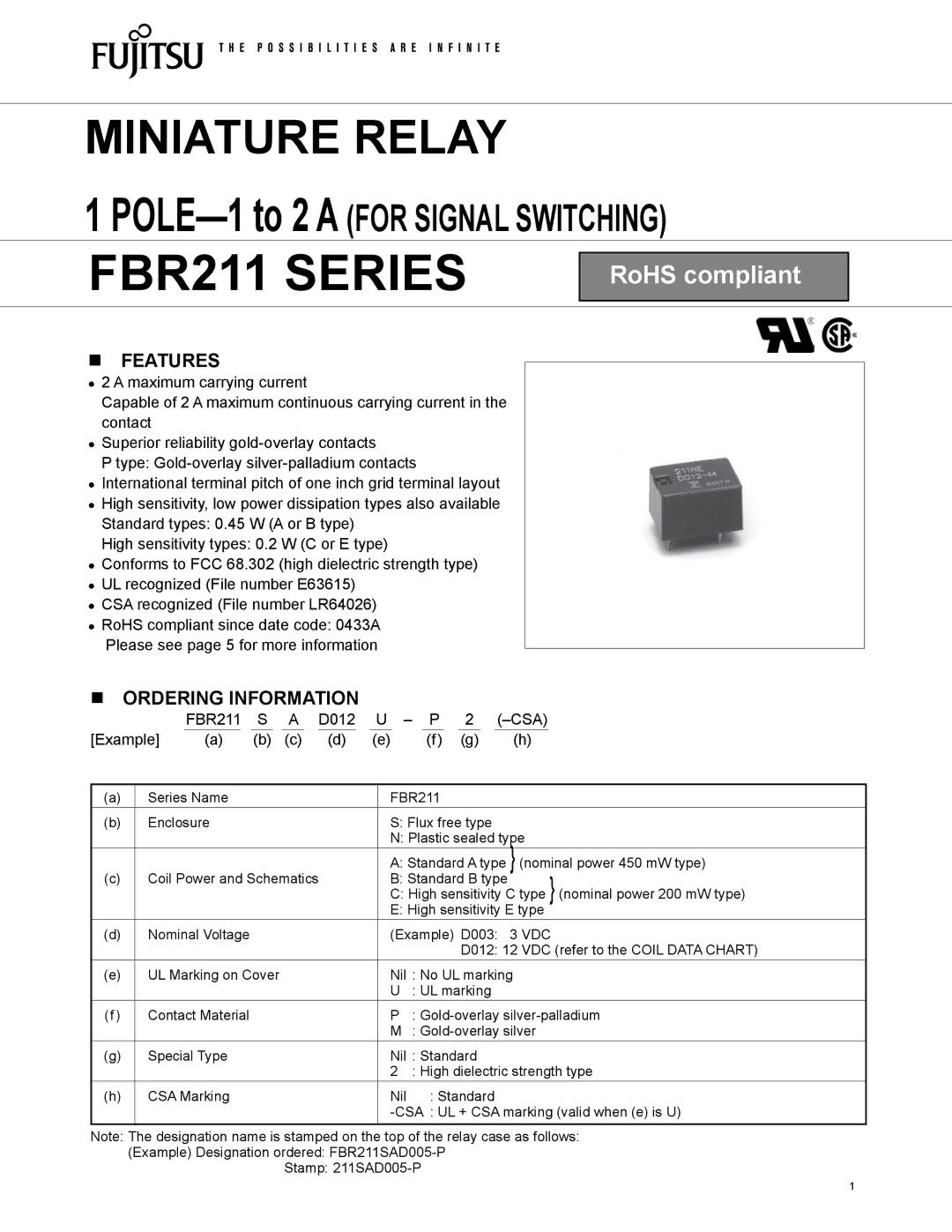 Fujitsu manual Features, Ordering Information, FBR211 D012 CSA Example, Example D003 