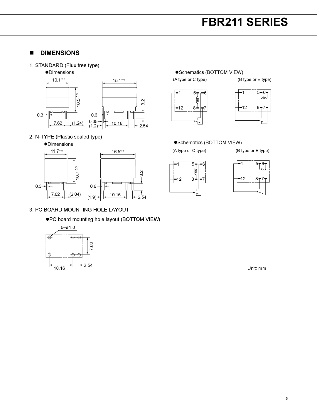 Fujitsu FBR211 Standard Flux free type Dimensions, Type Plastic sealed type Dimensions, Schematics Bottom View 