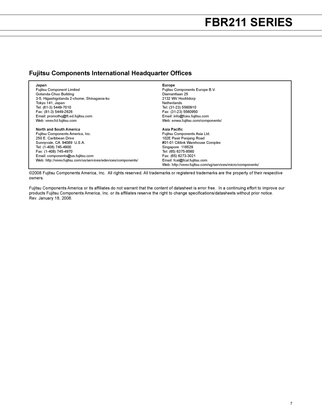 Fujitsu FBR211 manual Fujitsu Components International Headquarter Offices, Japan Europe 