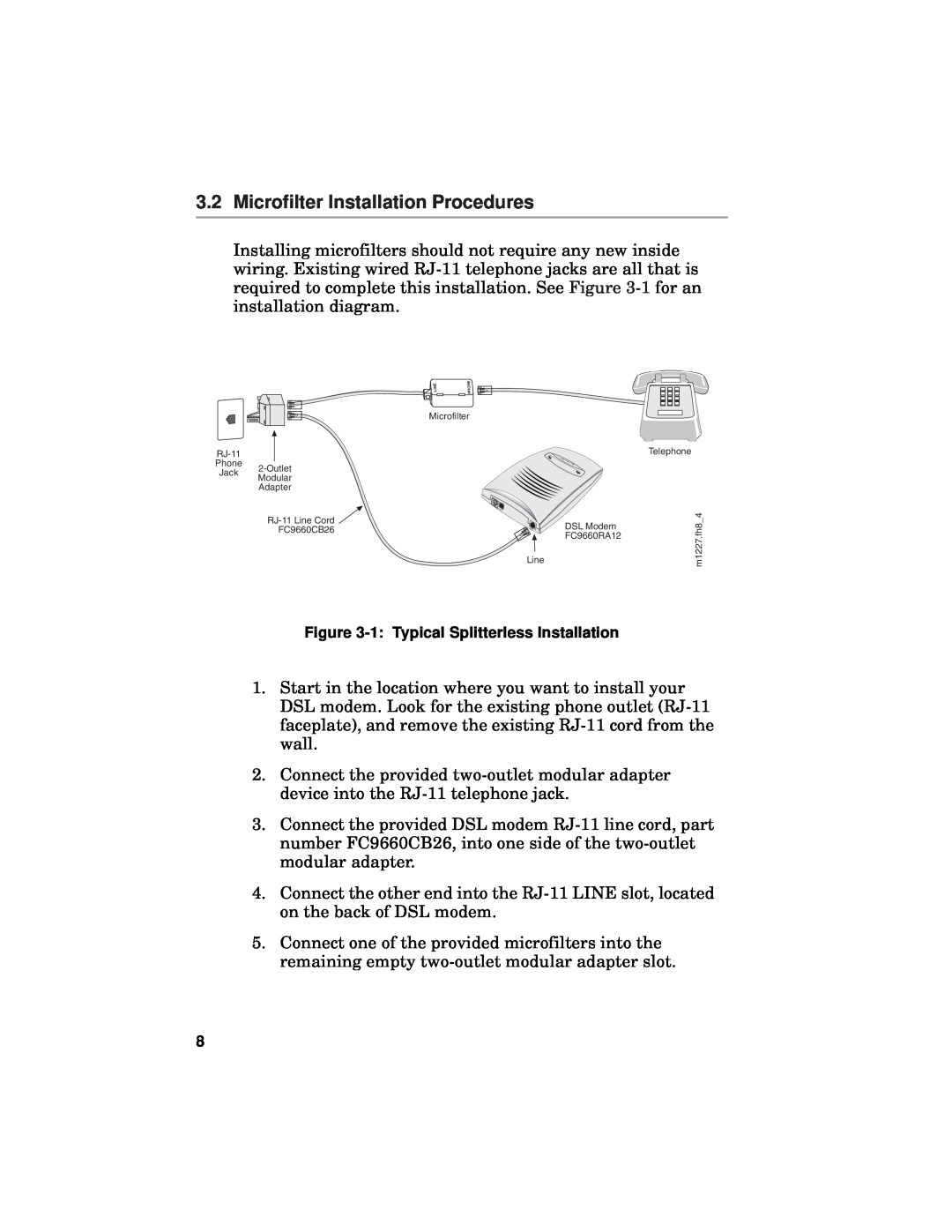 Fujitsu FC9660RA12 manual Microfilter Installation Procedures, 1 Typical Splitterless Installation 