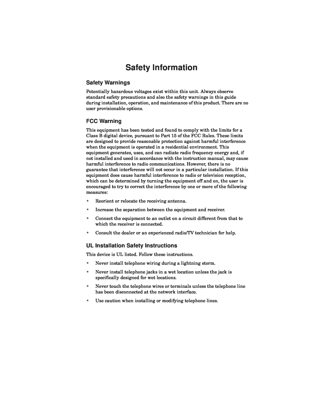 Fujitsu FC9660RA12 manual Safety Information, Safety Warnings, FCC Warning, UL Installation Safety Instructions 