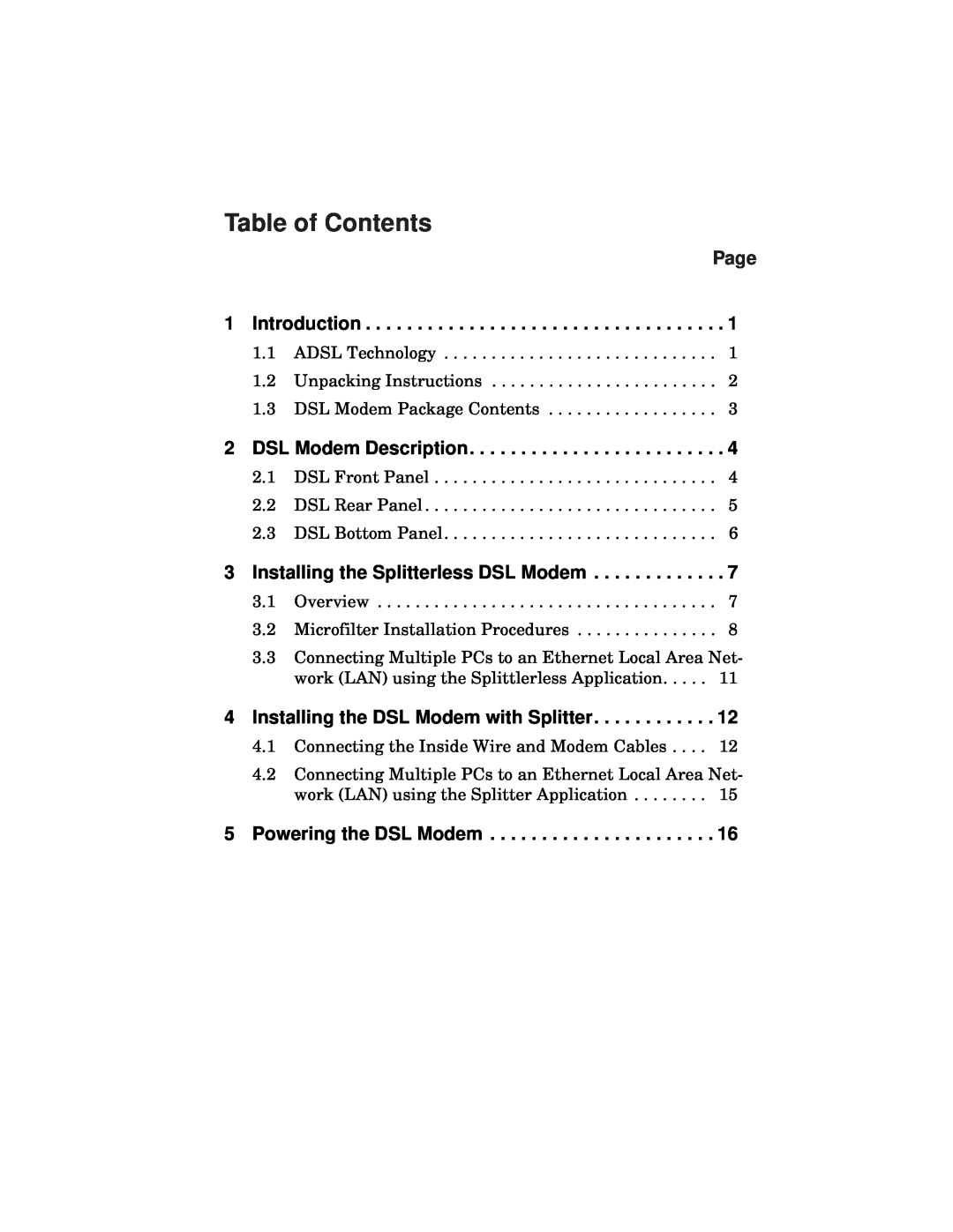Fujitsu FC9660RA12 Table of Contents, Page, Introduction, DSL Modem Description, Installing the Splitterless DSL Modem 
