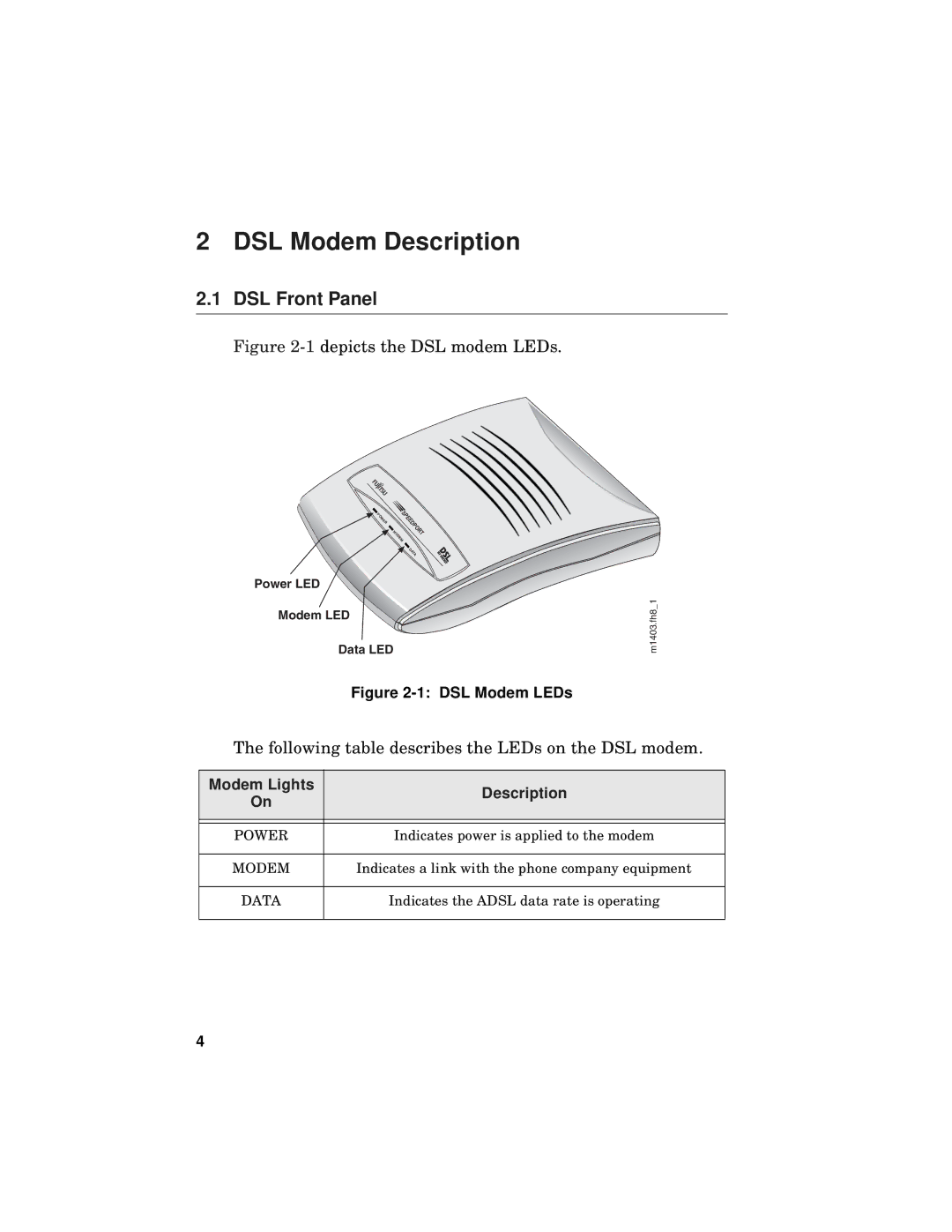 Fujitsu FC9660RA12 manual DSL Modem Description, DSL Front Panel 